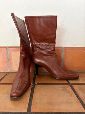 Vintage J. Crew Cognac Leather Mid-Calf Heeled Boots